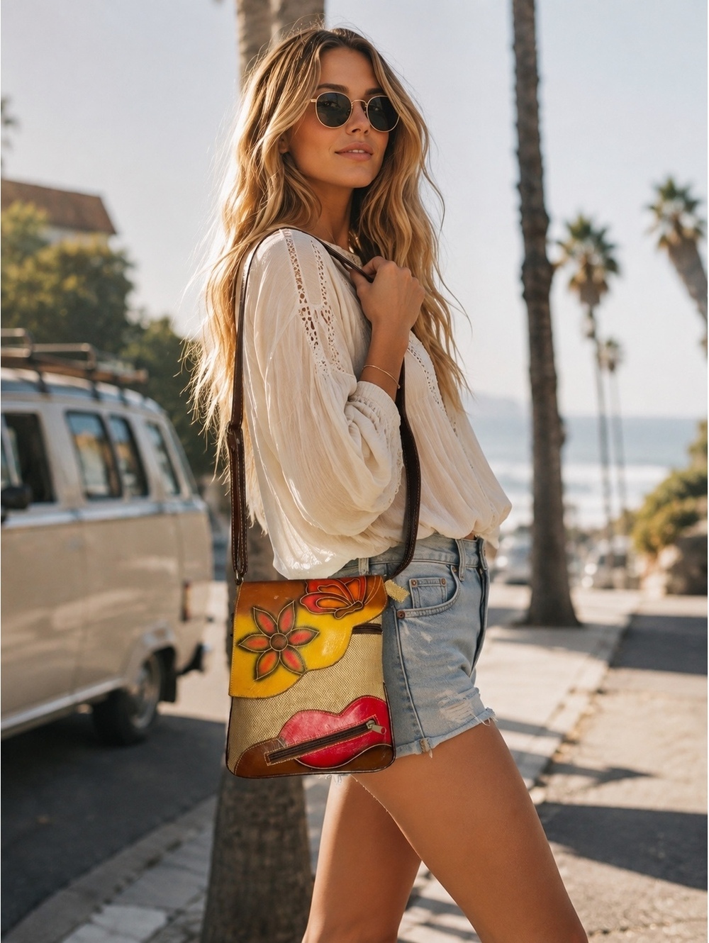 Unbranded Hand-Painted Floral Butterfly Canvas & Leather Crossbody Bag